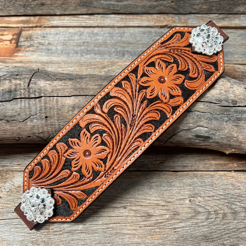 Light Oil Floral Bronc Noseband With Bright Silver Conchos 1