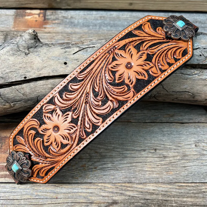 Light Oil Floral Bronc Noseband With Copper Fleur-De-Lis Conchos 1