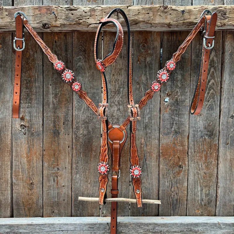 Light Oil Floral Coral, Clear One Ear & Breastcollar Tack Set #Oebc675 1