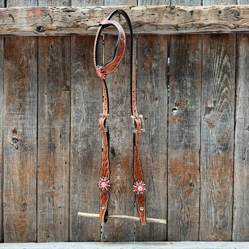 Light Oil Floral Coral, Clear One Ear & Breastcollar Tack Set #Oebc675 2