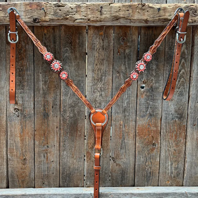 Light Oil Floral Coral, Clear One Ear & Breastcollar Tack Set #Oebc675 3