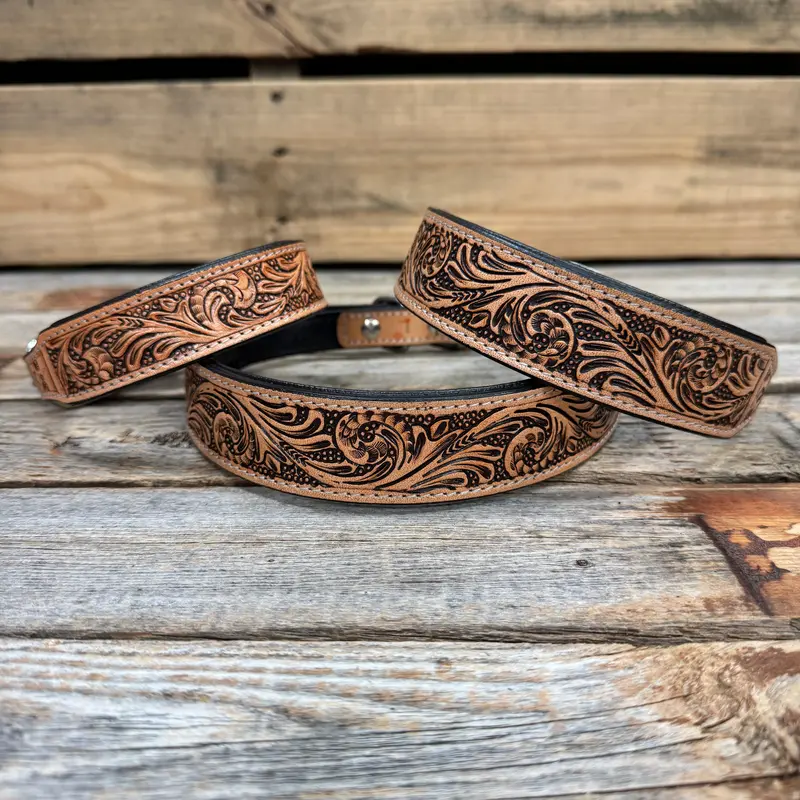 Light Oil Floral Genuine Leather Padded Dog Collar #Fkdc3 1