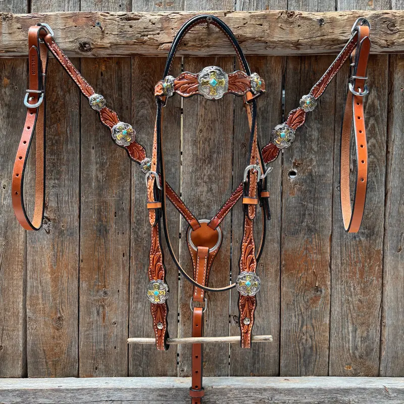 Light Oil Floral Gold Cross, Turquoise Browband/One Ear Breastcollar Tack Set #Bbbc676 1