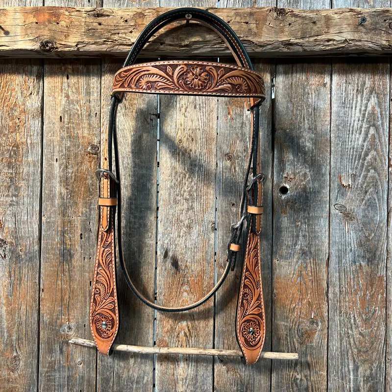 Light Oil Floral Tooled Buckaroo Style Browband Headstall / Bridle 1