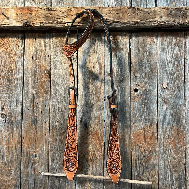 Light Oil Floral Tooled Buckaroo Style One Ear Headstall / Bridle 1