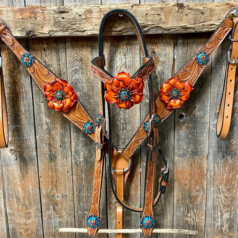 Light Oil Floral Tooled Orange And Teal Browband & Breastcollar Tack Set #Bbbc427 1