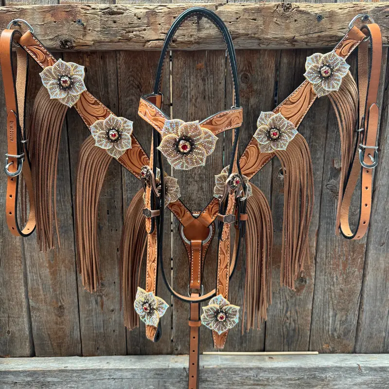 Light Oil Floral Tooled Ruby And Champagne Browband & Breastcollar Tack Set #Bbbc461 1