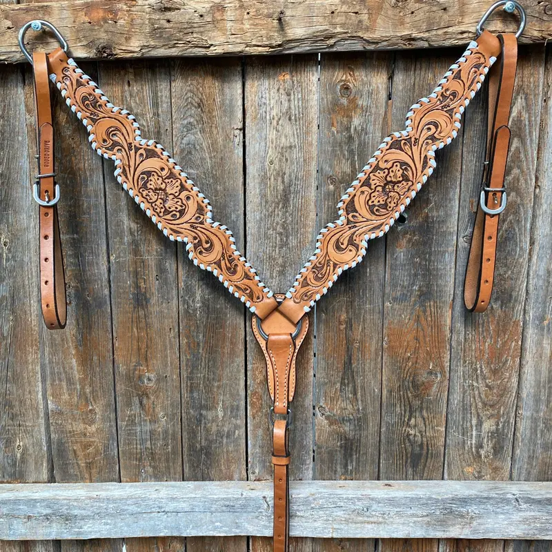 Light Oil Floral Tooled - White Whipstitch Breastcollar 1