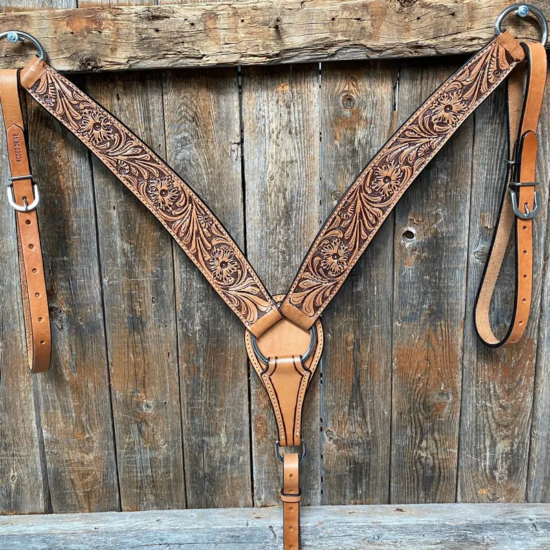 Light Oil Floral Tooled Wide / Roper Style Breastcollar 1