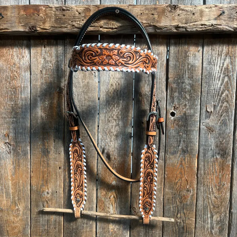 Light Oil Floral Tooled With White Whipstitch Browband Headstall / Bridle 1