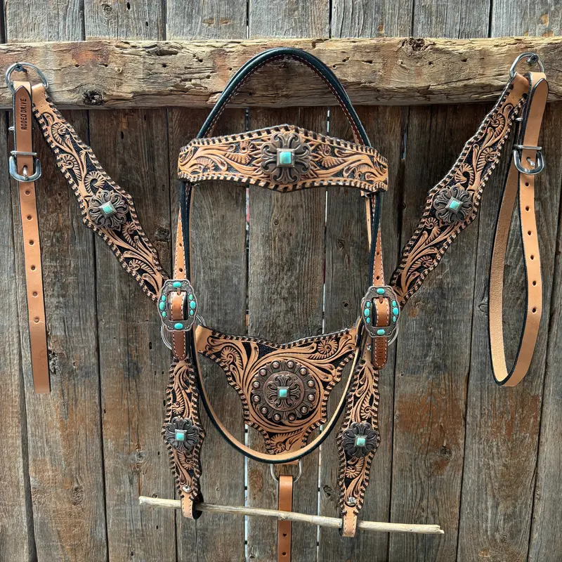Light Oil Floral Whipstitch And Turquoise Browband/ One Ear Triangle / Gladiator Breastcollar Tack Set #Bbbc641 1