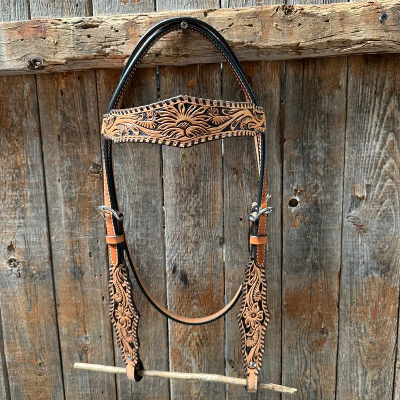 Light Oil Floral Whipstitch Browband Headstall / Bridle #24386 1