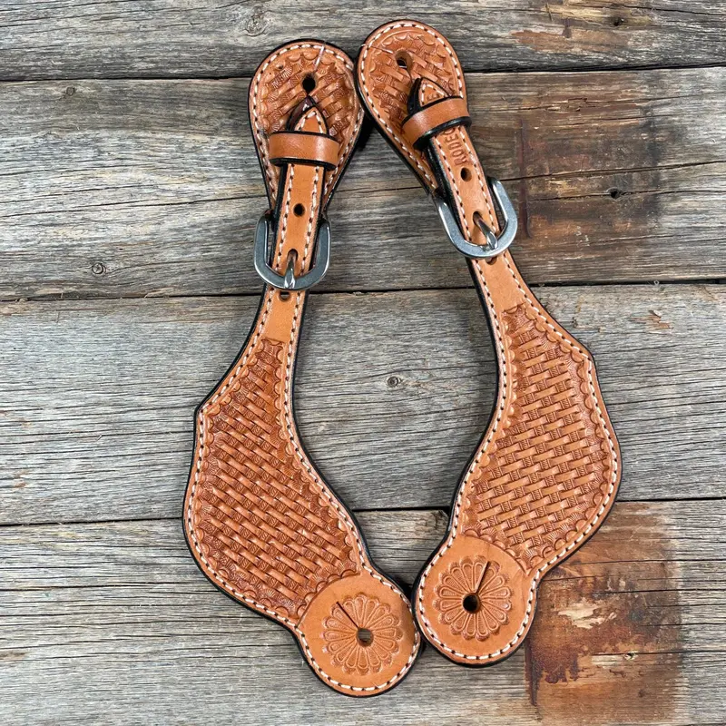 Light Oil Genuine Leather Basketweave Tooled Spur Straps 1