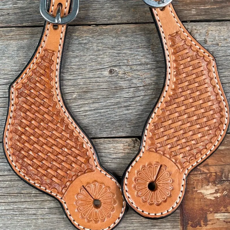 Light Oil Genuine Leather Basketweave Tooled Spur Straps 2