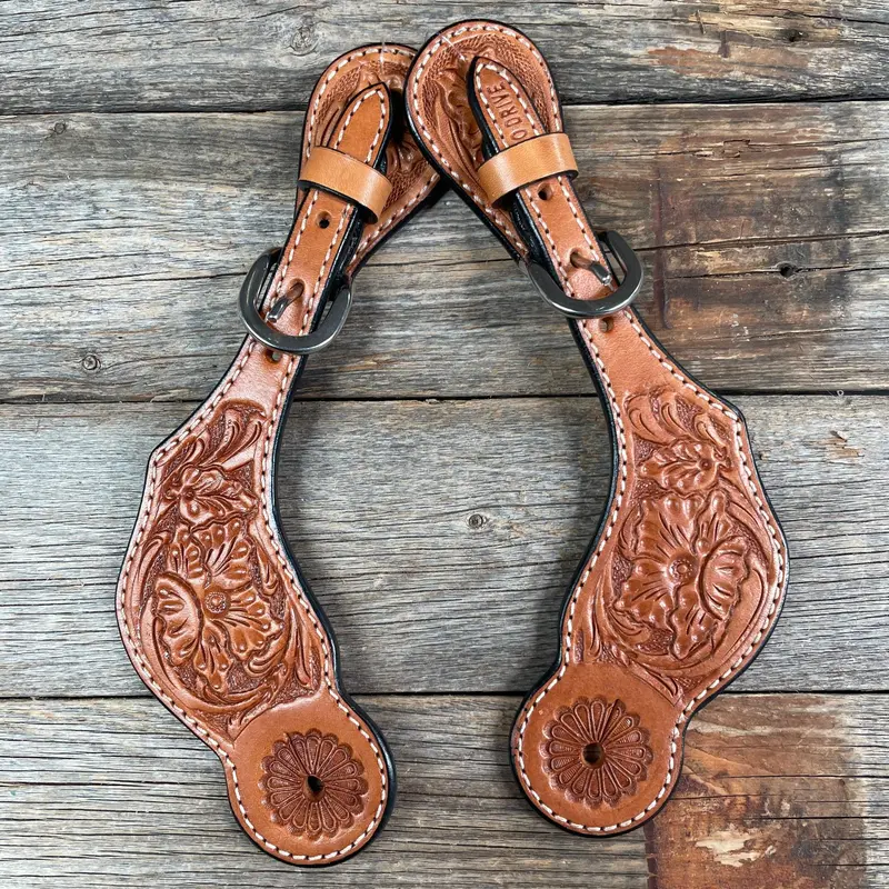 Light Oil Genuine Leather Floral Tooled Spur Straps 1