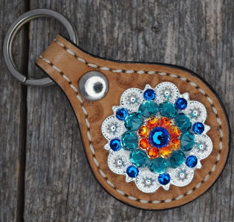 Light Oil Key Chain With Blue And Orange European Crystal Concho 1