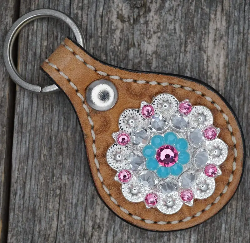 Light Oil Key Chain With Turquoise And Pink European Crystal Concho 1
