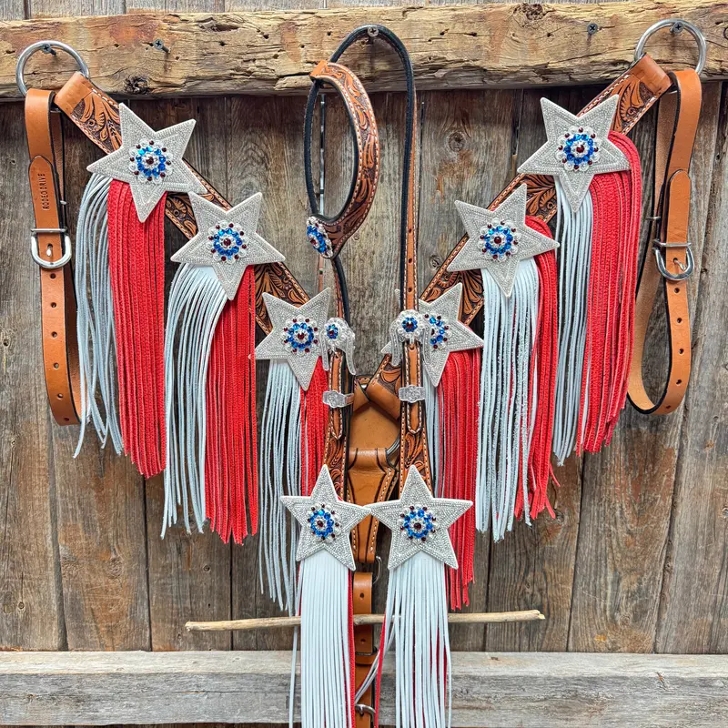 Light Oil Roper Rhinestone And Patriotic Browband/One Ear Tack Set #Bbbc664 2