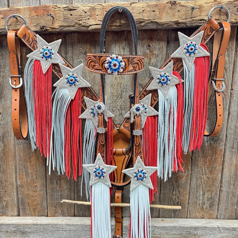 Light Oil Roper Rhinestone And Patriotic Browband/One Ear Tack Set #Bbbc664nw 1