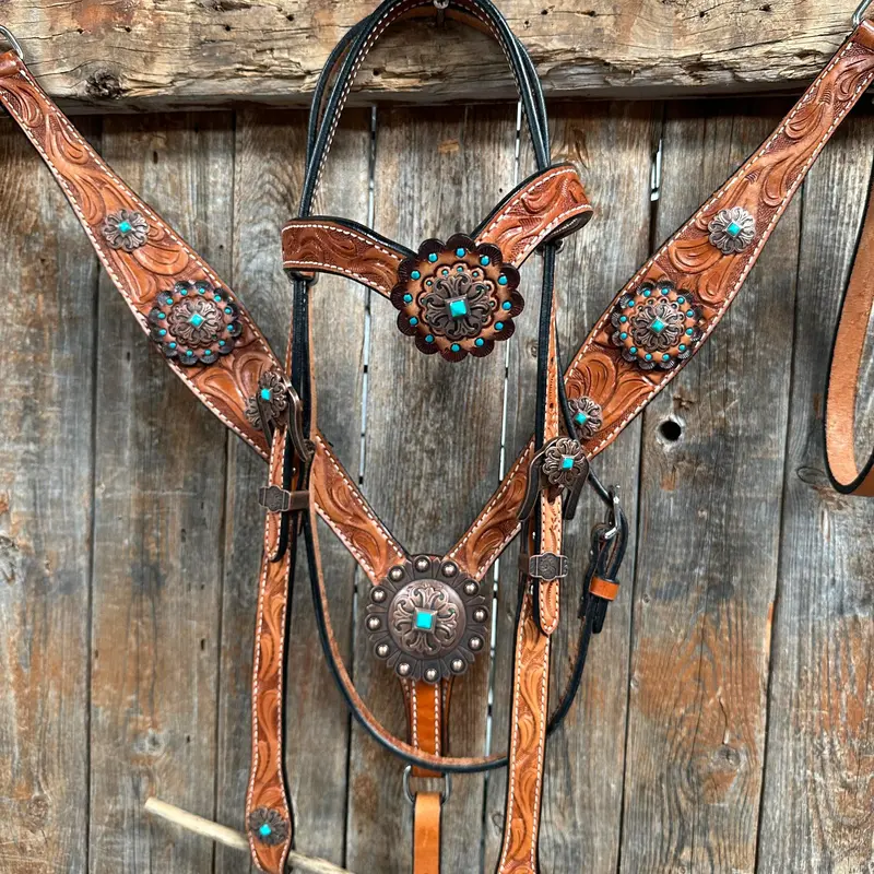 Light Oil V Brow Copper And Turquoise Browband & Breastcollar Tack Set #Bbbc557 1
