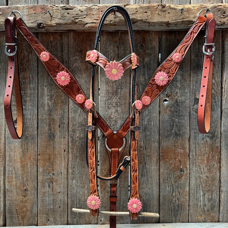 Light Oil V Brow Pink Flower Browband & Breastcollar Tack Set #Bbbc680 1