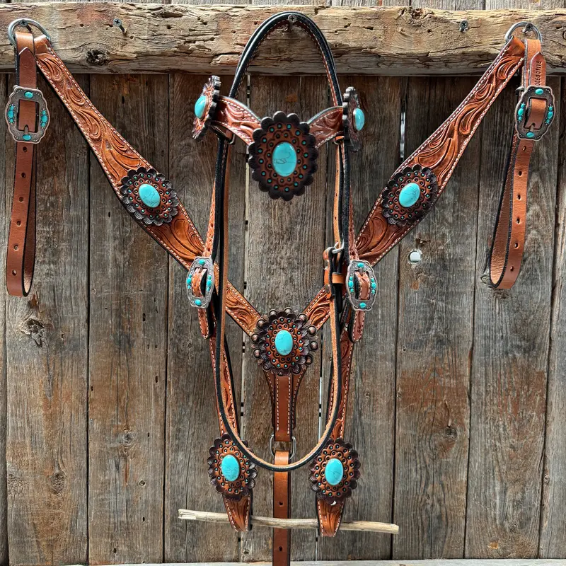 Light Oil V Brow Turquoise Cabochons Browband & Breastcollar Tack Set #Bbbc681 1