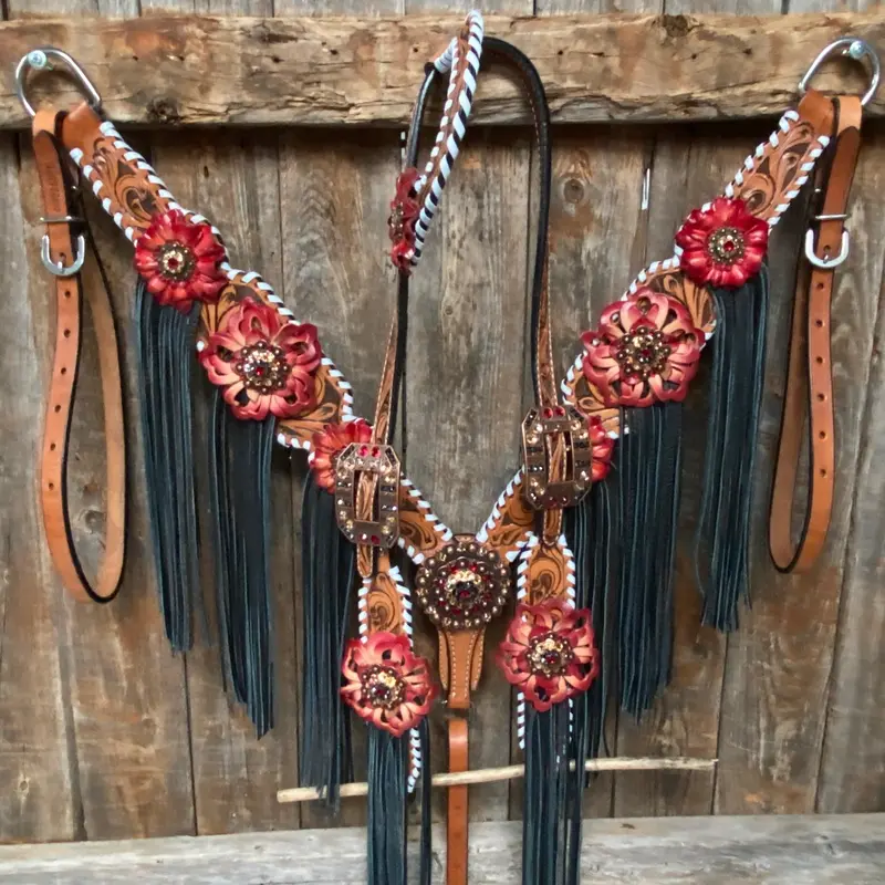 Light Oil Whipstitch Black And Red One Ear & Breastcollar Tack Set #Oebc460 1