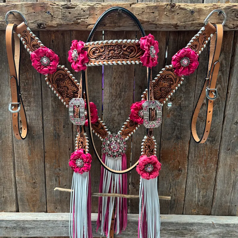 Light Oil Whipstitch Pink And White One Ear & Breastcollar Tack Set #Oebc437 1