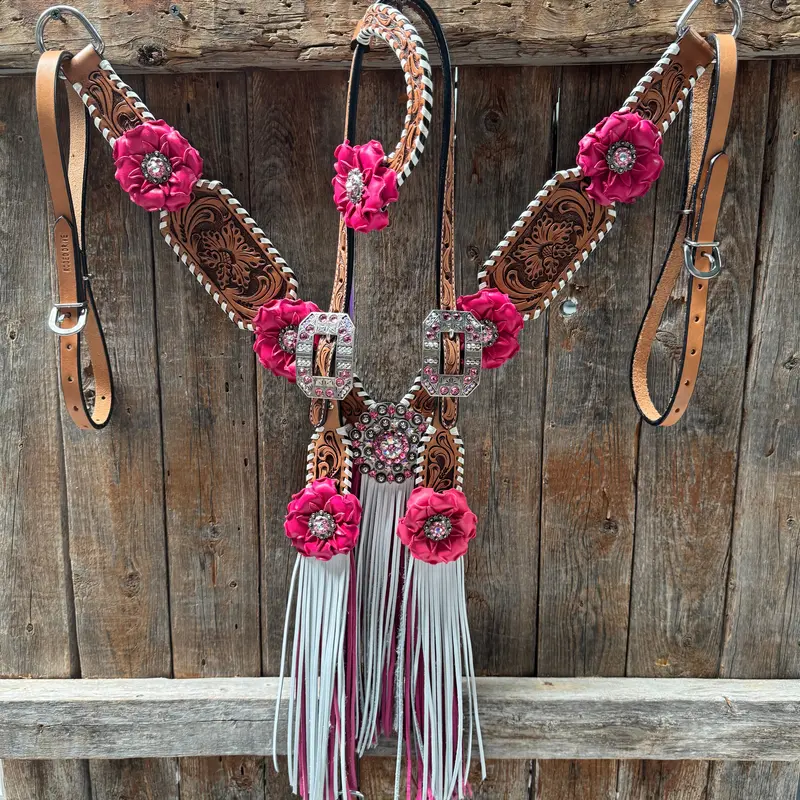 Light Oil Whipstitch Pink And White One Ear & Breastcollar Tack Set #Oebc437 2