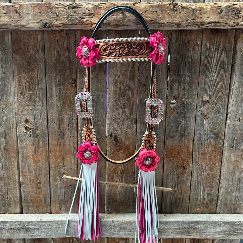 Light Oil Whipstitch Pink And White One Ear & Breastcollar Tack Set #Oebc437 3