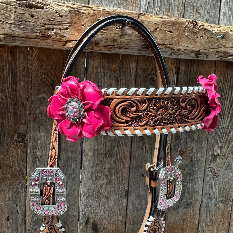 Light Oil Whipstitch Pink And White One Ear & Breastcollar Tack Set #Oebc437 4