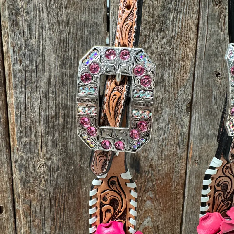 Light Oil Whipstitch Pink And White One Ear & Breastcollar Tack Set #Oebc437 5