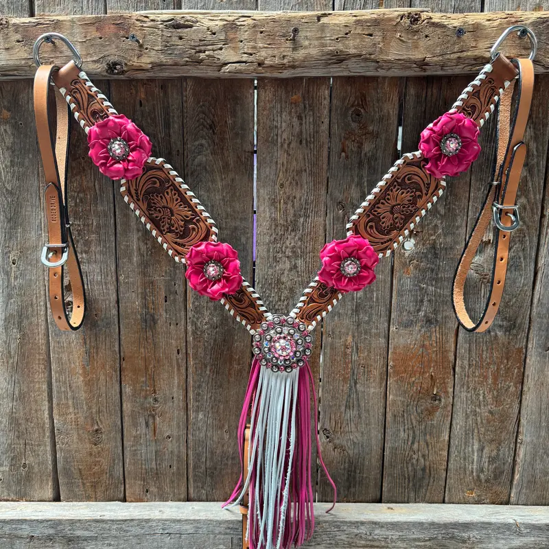Light Oil Whipstitch Pink And White One Ear & Breastcollar Tack Set #Oebc437 5