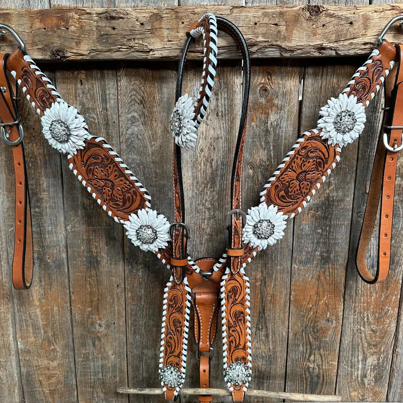 Light Oil Whipstitch White Daisy One Ear/ Breastcollar Tack Set #Oebc519 1