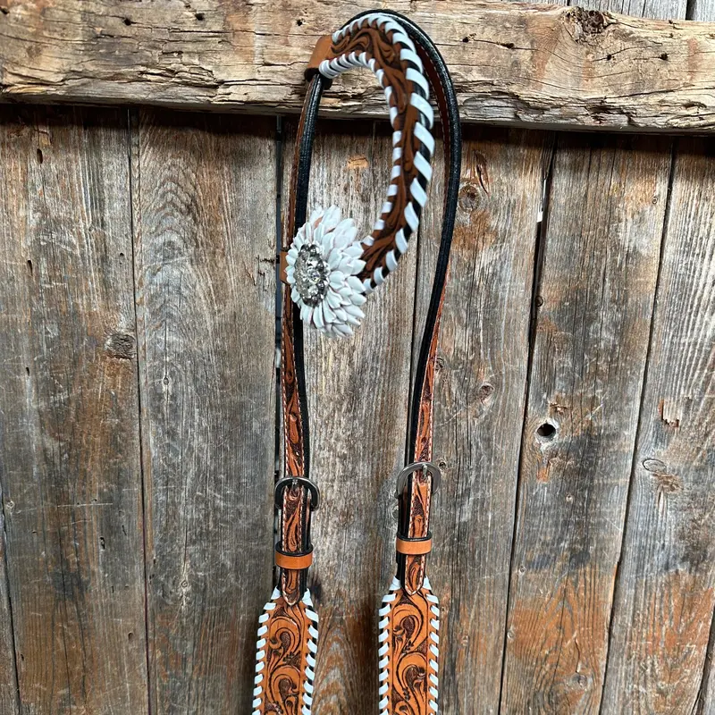 Light Oil Whipstitch White Daisy One Ear/ Breastcollar Tack Set #Oebc519 2