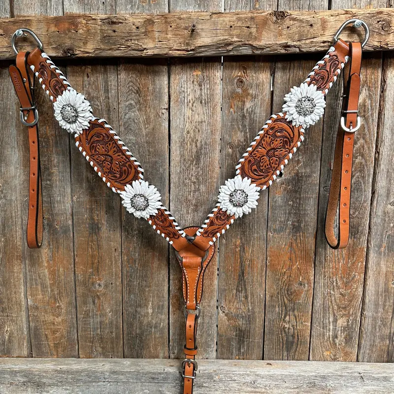 Light Oil Whipstitch White Daisy One Ear/ Breastcollar Tack Set #Oebc519 3