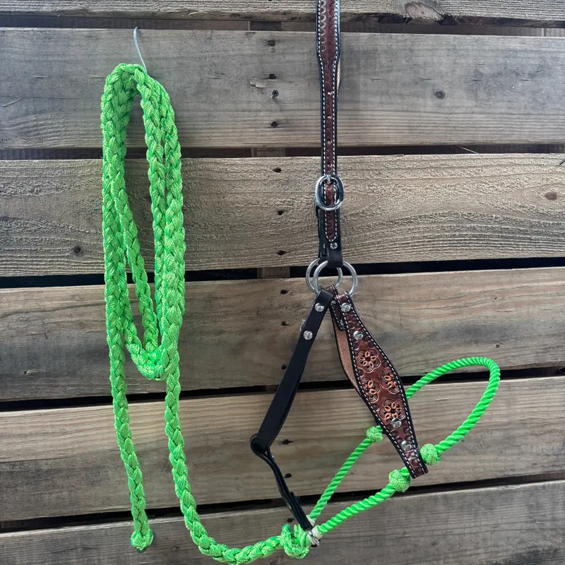 Lime Flower Power Tooled Lariat & Leather Combo Halter 1