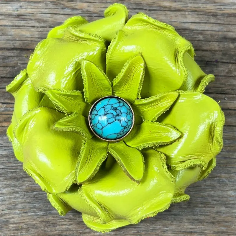 Lime Gardenia Flower With Round Turquoise Cabochon 1