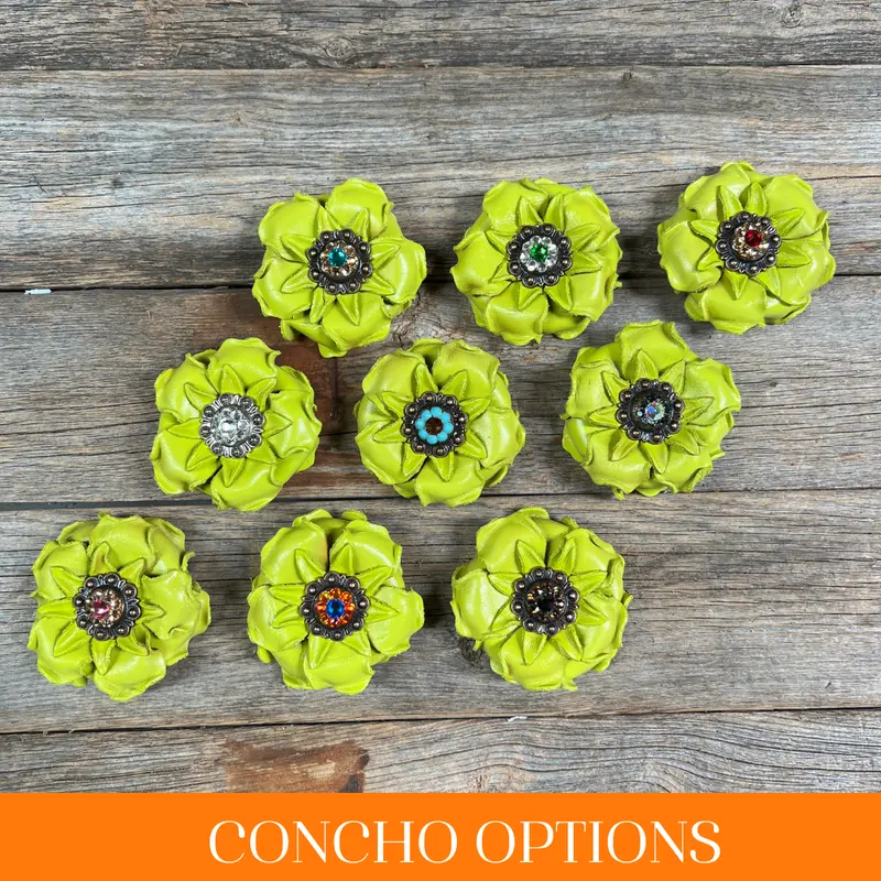 Lime Gardenia Leather Flowers - 1" Crystal Conchos - Options 1