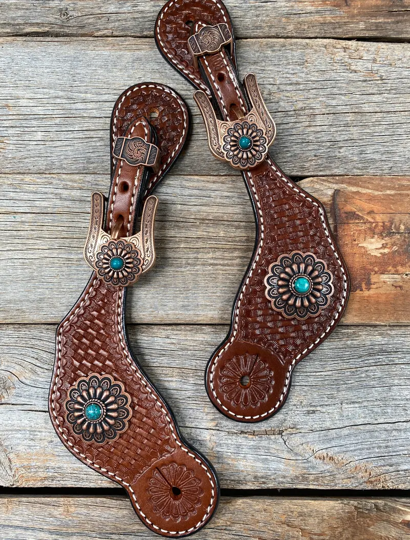 Medium Basketweave Spur Straps - Copper Flower Western Conchos #Ss113 1