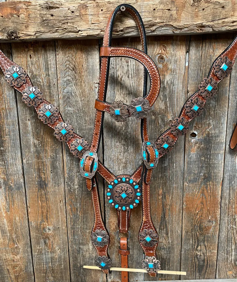 Medium Basketweave Turquoise One Ear & Breastcollar Tack Set #Oebc445 1