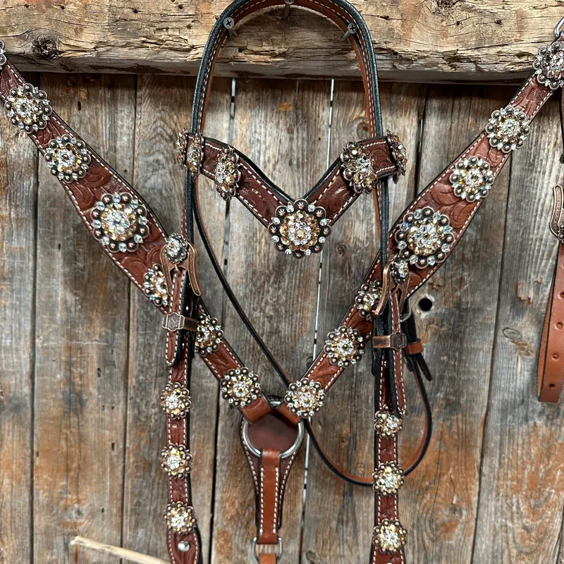 Medium Floral Champagne & Clear Browband / Breastcollar Tack Set  #Bbbc573 1