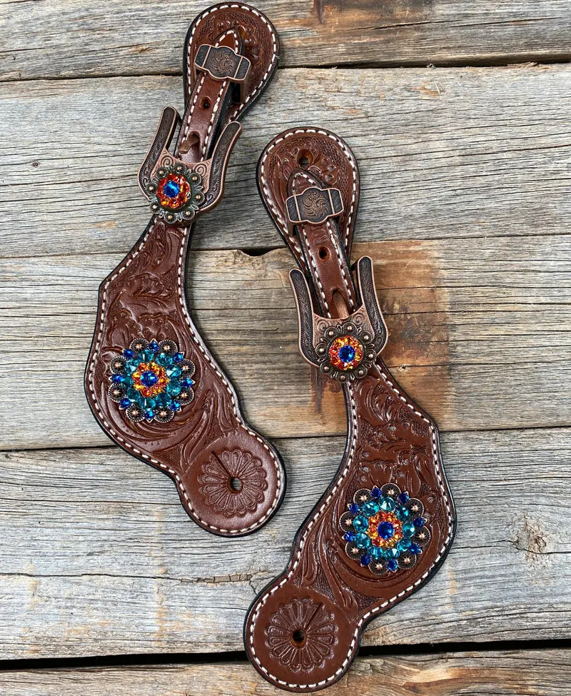 Medium Floral Spur Straps - Copper Crystal Conchos #Ss110 1