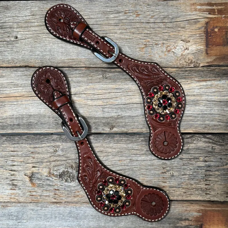 Medium Floral Spur Straps - Copper Crystal Conchos #Ss116 1