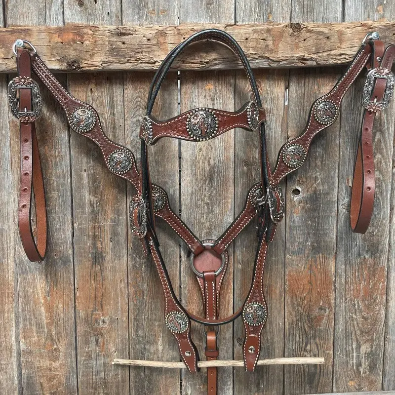 Medium Oil Basketweave Flower And Cactus Browband/One Ear Tack Set  #Bbbc491 1