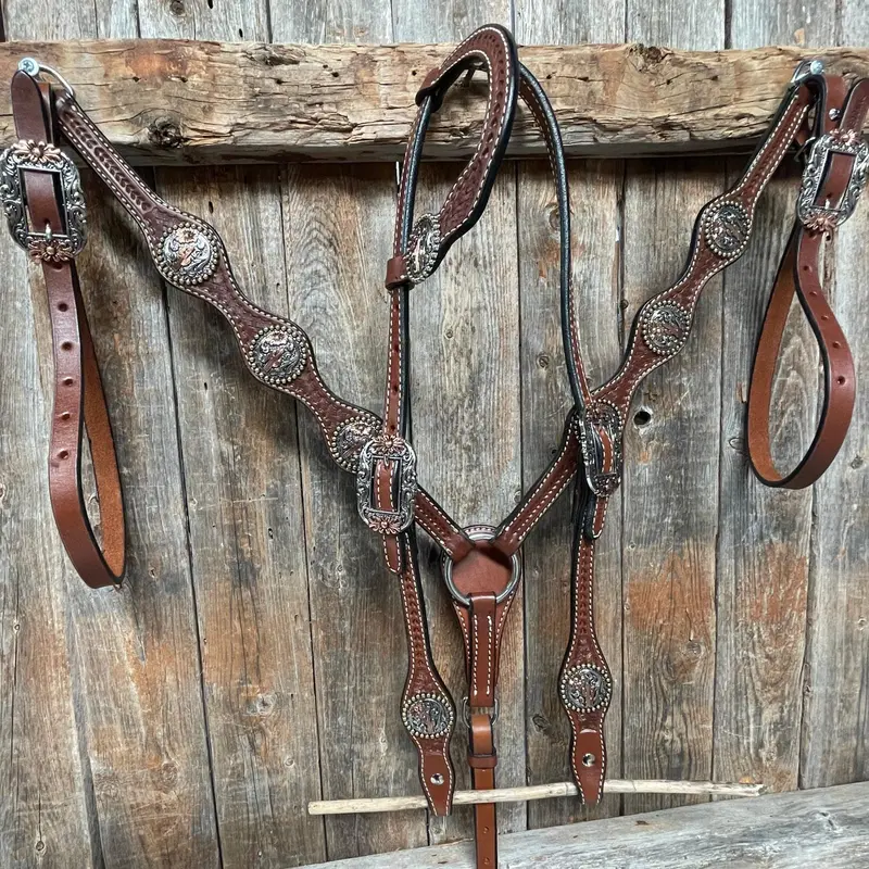 Medium Oil Basketweave Flower And Cactus Browband/One Ear Tack Set #Bbbc491 2