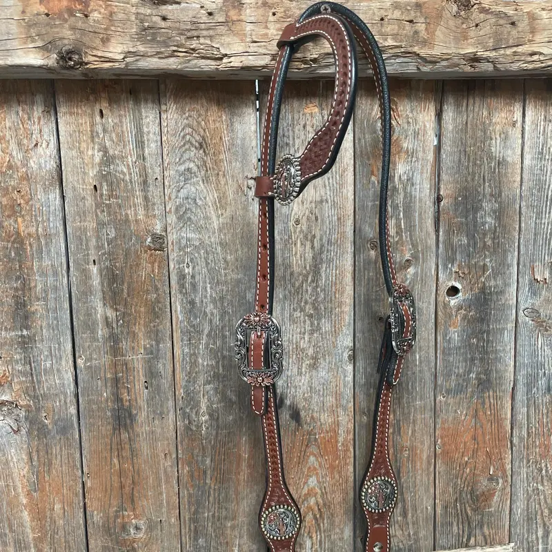 Medium Oil Basketweave Flower And Cactus Browband/One Ear Tack Set #Bbbc491 4