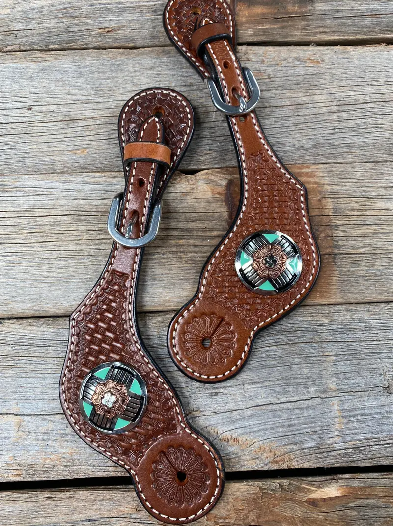 Medium Oil Basketweave Spur Straps - Antique Silver Western Conchos #Ss102 1