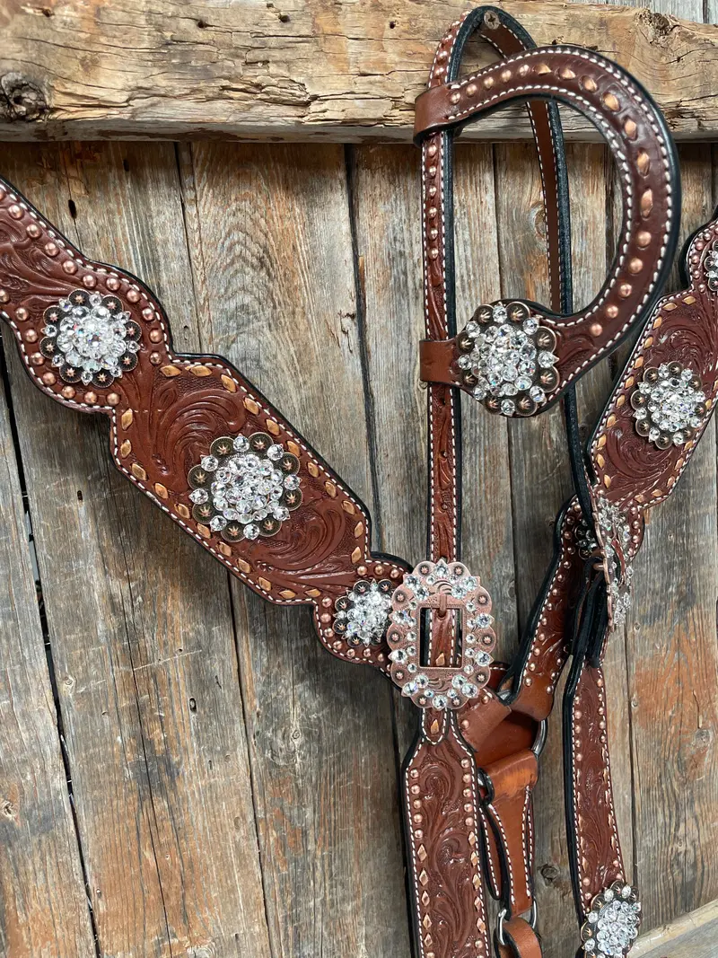Medium Oil Copper Buckstitch Clear One Ear & Breastcollar Tack Set #Oebc450 2