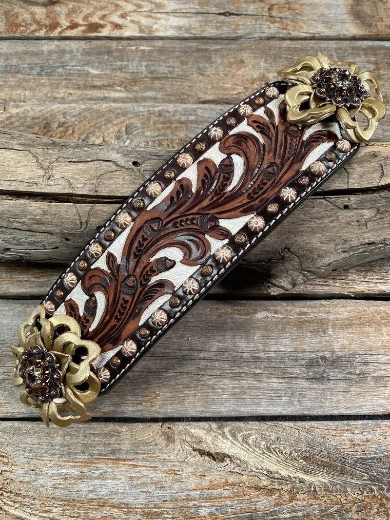 Medium Oil Copper Dot Bronc Noseband With Gold Lotus Flowers - Copper Jet, Champagne And Topaz European Crystal Conchos 1
